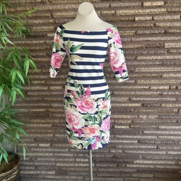 Eliza J Off Shoulder Striped Rose Floral Long Sleeve Dress Size 6 - Picture 9 of 10